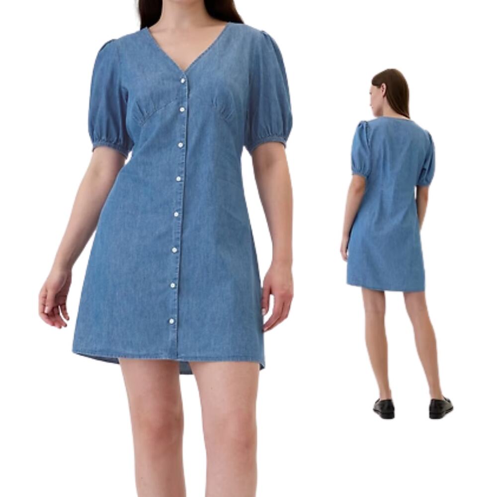Gap Blue Denim Puff Sleeve V-Neck Button Mini Dress Plus Size XXL Classic NEW
